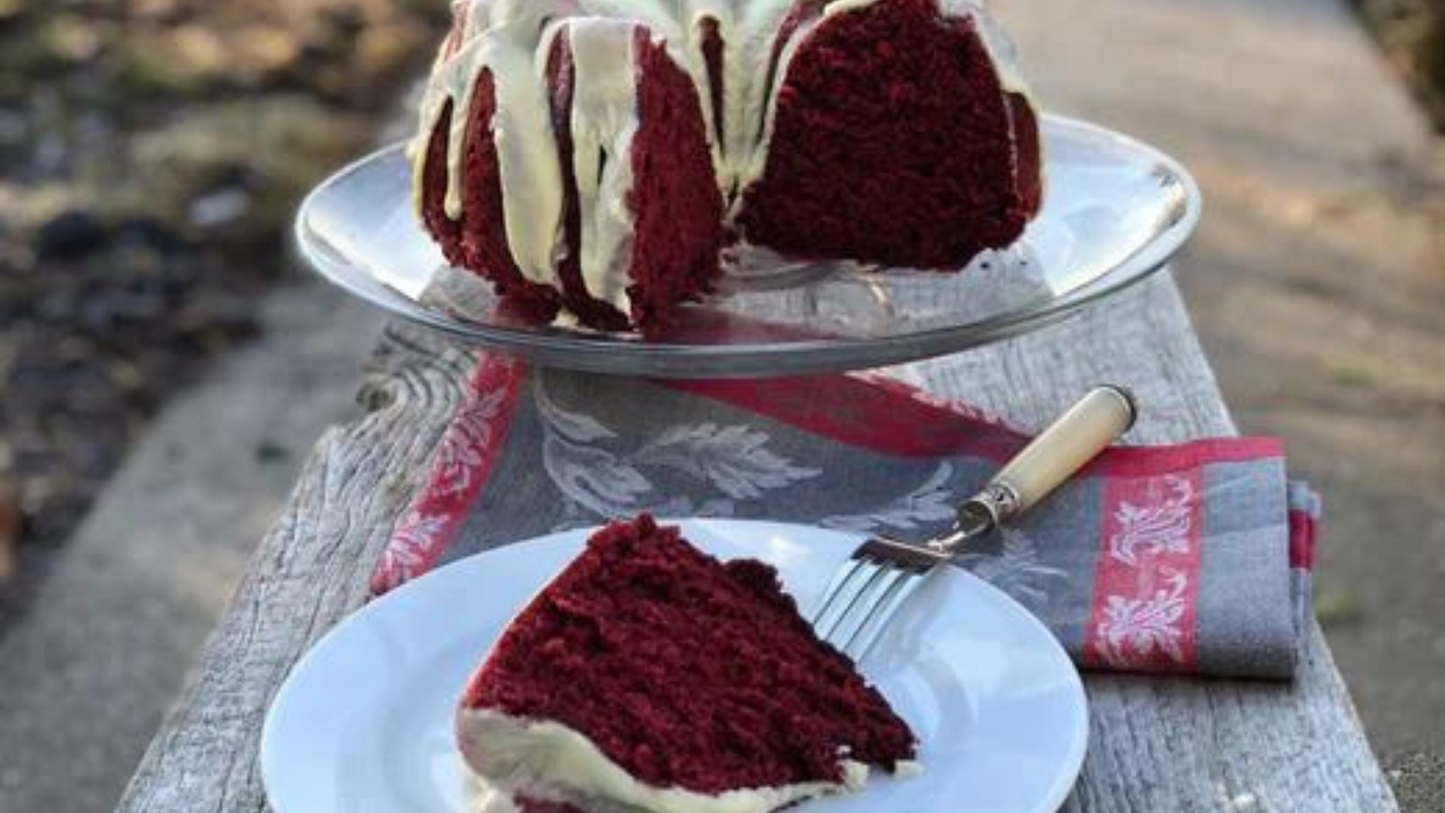 A True Red Velvet Bundt Cake with White Chocolate Icing