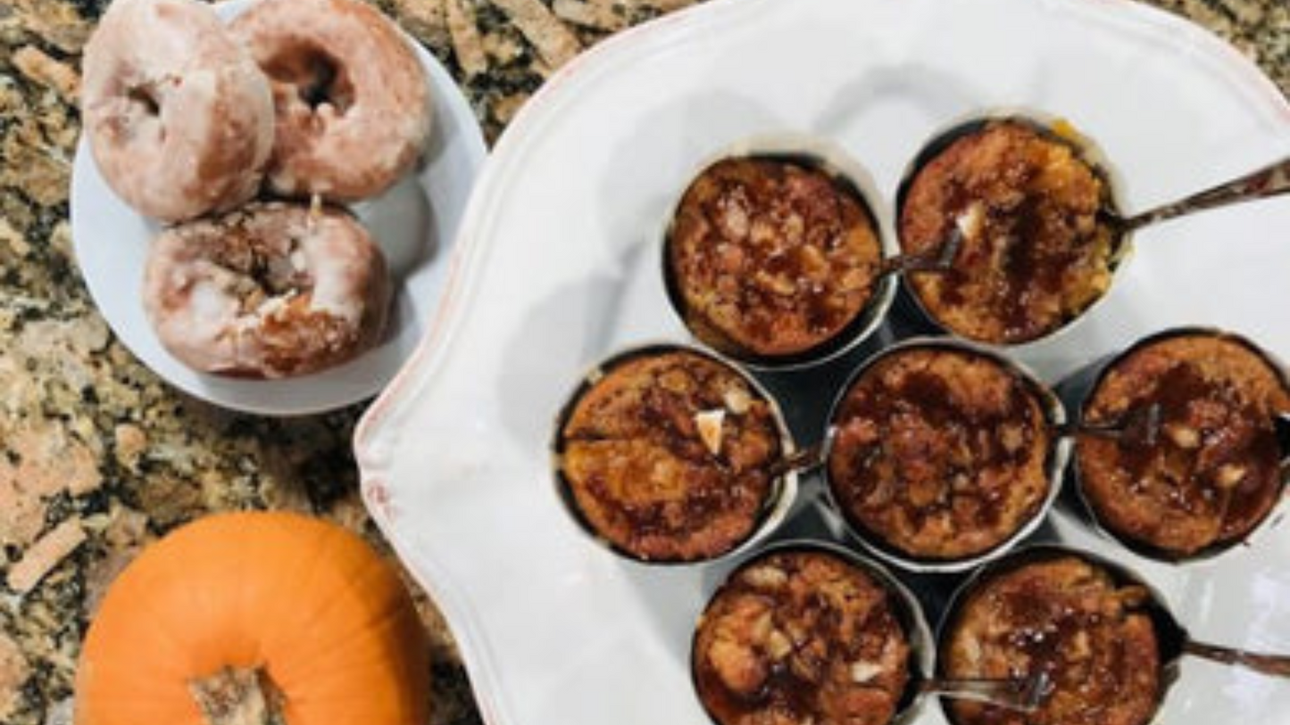 Individual Pumpkin Spice Donut Bread Pudding with Salted Caramel